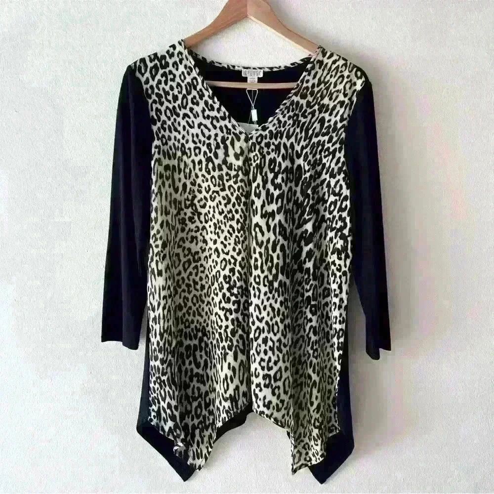 NEW Spense Sz S Womens Black Leoard Print V Neck Shark Bite Blouse Tunic Career